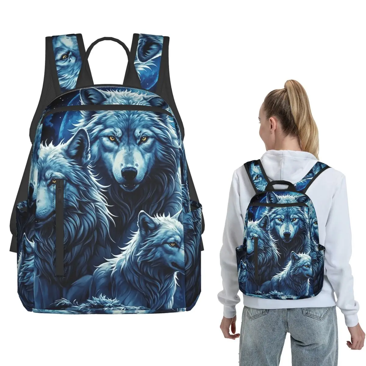 Blue Moon And Wolves Design Backpack Large Capacity Children BookBag School Bag Shoulder Bags for Men Women