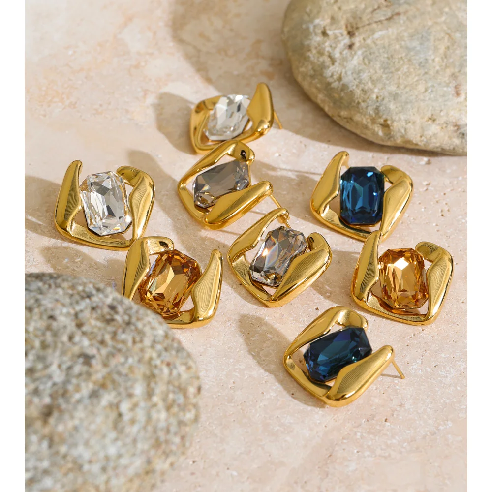 Yhpup Multi Color Crystal Square Stud Earrings 16K Gold Color PVD Plated Stylish Exquisite Jewelry Prevent Allergy