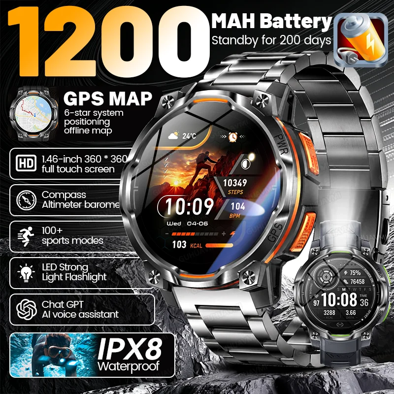 New Outdoor Men Built-in 1200mAh Battery Smartwatch GPS Map Compass Flashlight IPX8 Waterproof BT Call 1.46”HD Sport Smart Watch