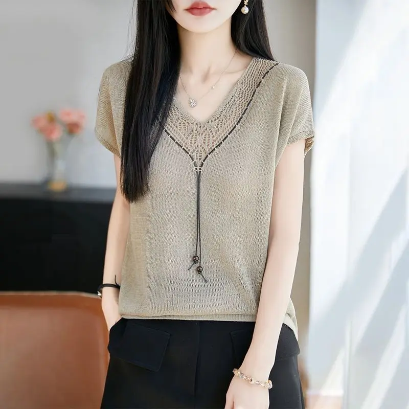 Light Luxury Women Hollow Knit Top V Neck Drawstring Short Sleeve Loose Thin Casual Summer T Shirt