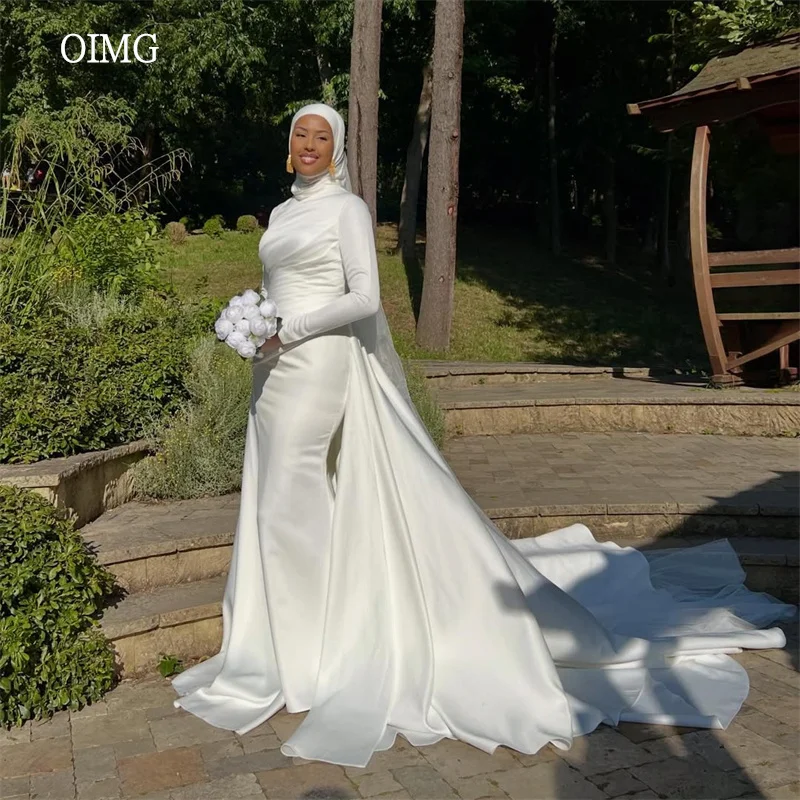 OIMG Muslim Satin High Neck Mermaid Wedding Dress Long Sleeves Tail Bride Dresses Modest Floor Length Wedding Gowns Customized
