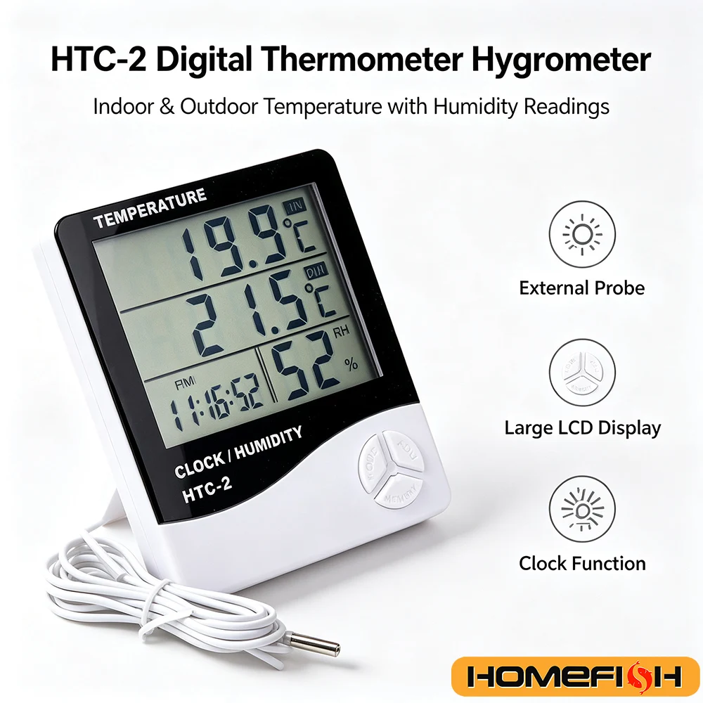 Medidor Digital de Temperatura y Humedad HTC-2 con Pantalla Lcd, Termómetro e Higrómetro para Interiores y Exteriores, Estación Meteorológica con Reloj