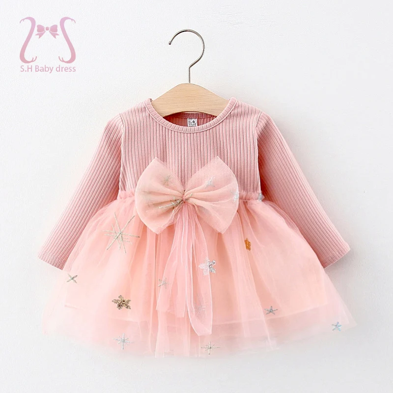 

Autumn Toddler Children Clothes Bow Long Sleeve Mesh Birthday Party Princess Evening Dresses For Baby Girl Kids Costume 0 To 3 Y