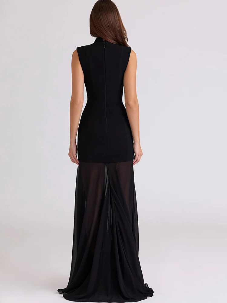 JULISSA MO Turtleneck Patchwork Sexy Hollow Out Mesh Women Maxi Dress Autumn Sleeveless See Through Elegant Party Evening Dress