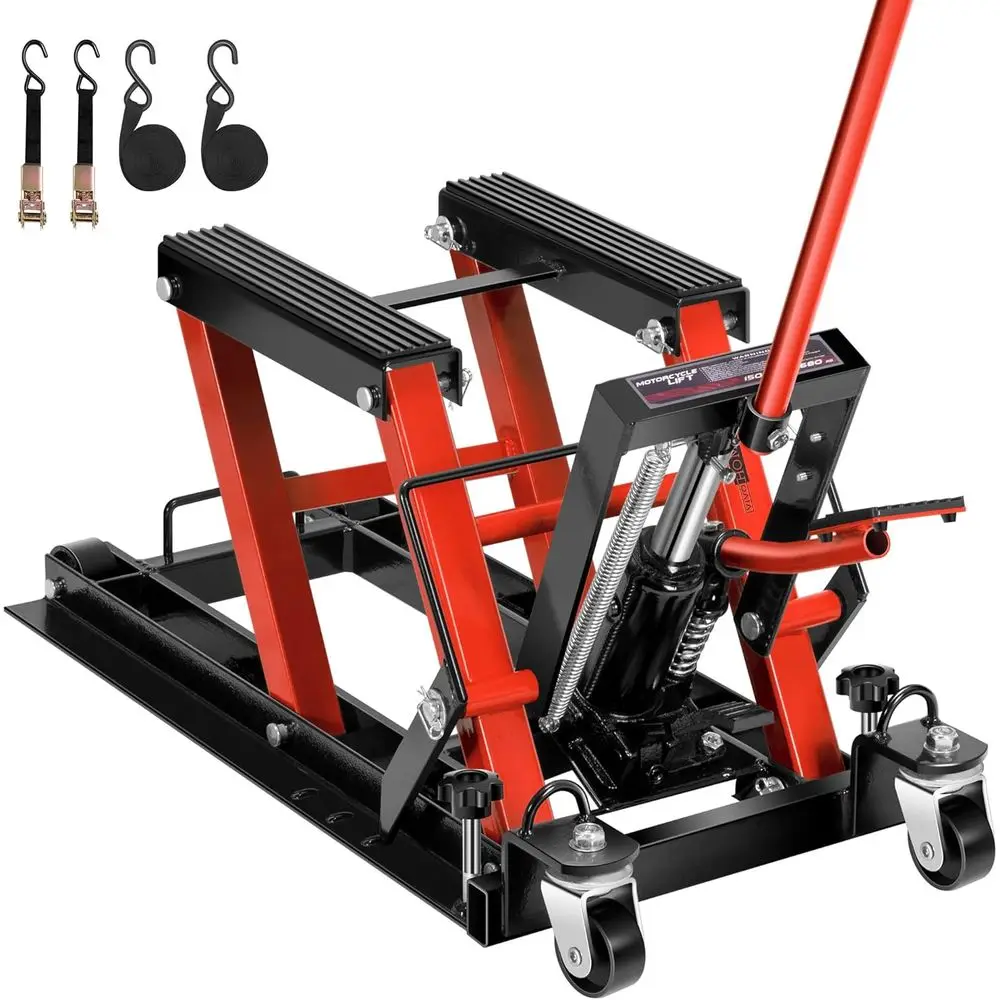 

Hydraulic Motorcycle Lift Jack, Heavy-Duty Steel ATV Lift Stand with Wheels & Handle, for Motorcycles, Dirt Bikes, ATVs (Red)