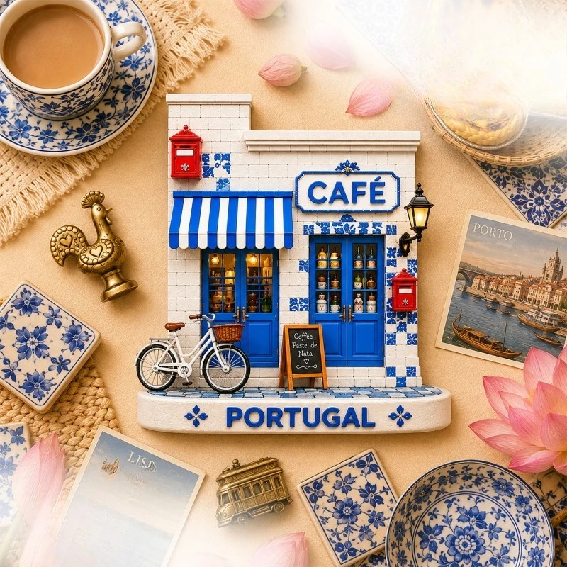 Portugal Blue White Café Fridge Magnet - Cozy 3D Lisbon Souvenir Unique Travel Gift for Café & Kitchen Decor