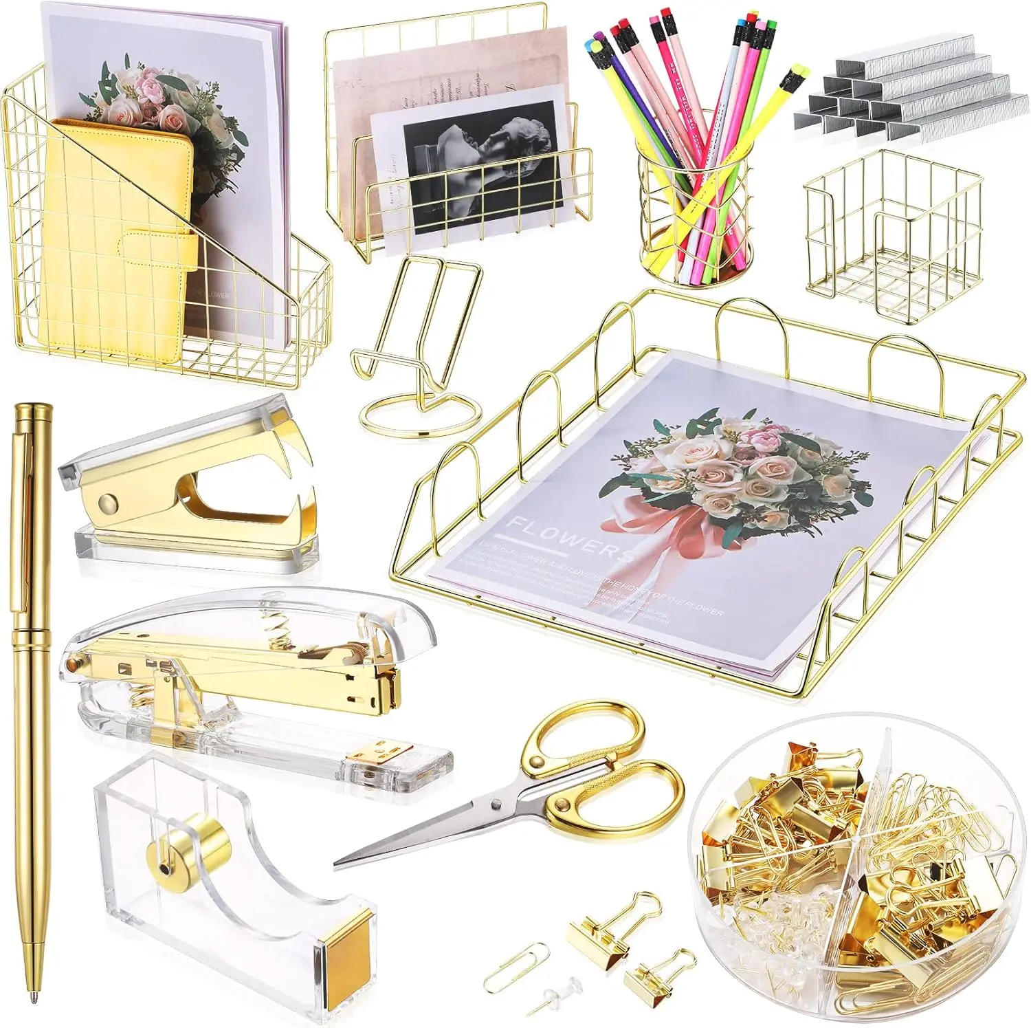 13 Pcs Desk Accessories Set Kit Organizer Office Supplies Teacher Women School Gift Acrylic Stapler Staple Remover Tape Holder Pen Cup Magazine File Letter Clip Phone Holder Scissor(Gold)