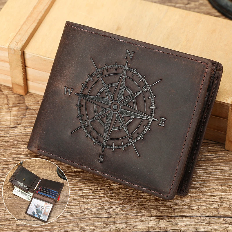 Men Genuine Short Wallet Vintage Money Pouch Multi-functional Anti-theft ID Window Crazy Horse Leather Coin Cash Pocket
