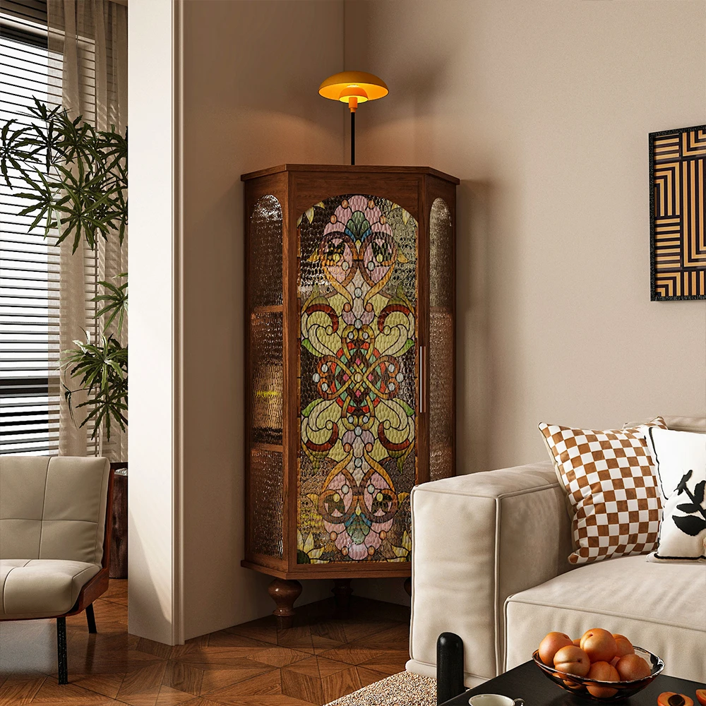 Triangular Side Cabinet Living Room Shelf French Retro Glass Display Cabinet Wall Storage