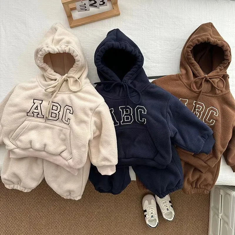 

Autumn Winter Kid Tracksuit Boy Baby Fleece Thick Hoodies Set Girl Children Plus Velvet Warm Tops+Pants 2psc Kid Sweatshirt Suit