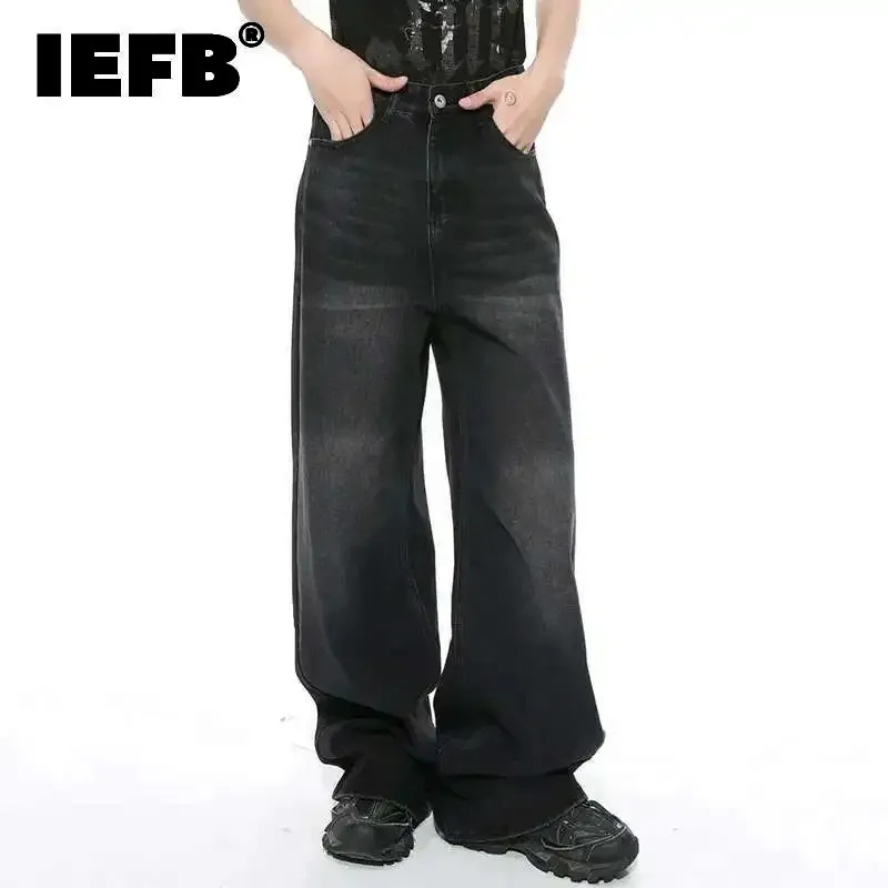 IEFB Worn Out Male Jeans Vintage Gradient Color Men's Wide Leg Pants High Street Pockets Men Denim Straight Trousers New 9C4510