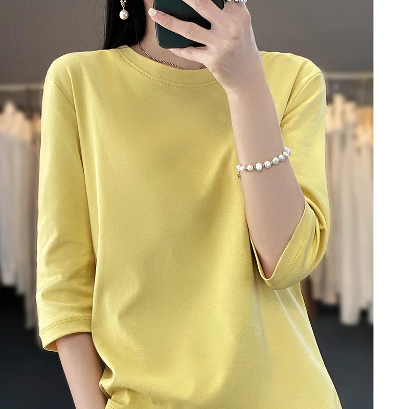 Mercerized Cotton Cropped Sleeve Female Spring And Summer 2023 New Round Neck Loose 100% Cotton Short Sleeve Bottoming T-Shirt