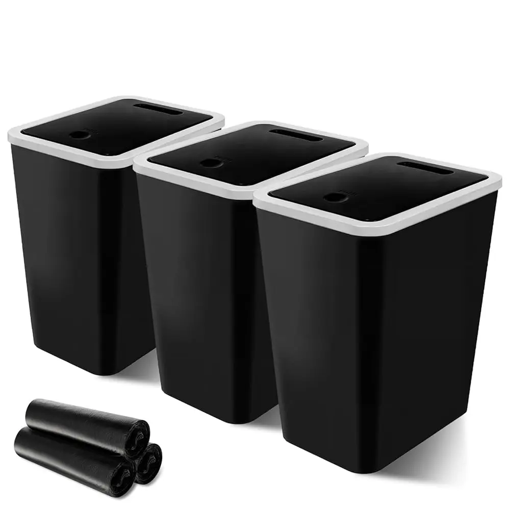 

3 Pack Small Trash Can, 4 Gallons Bathroom Garbage Can with Lid Press-Top, Plastic Waste Basket with Trash Bags, Garbage Bin