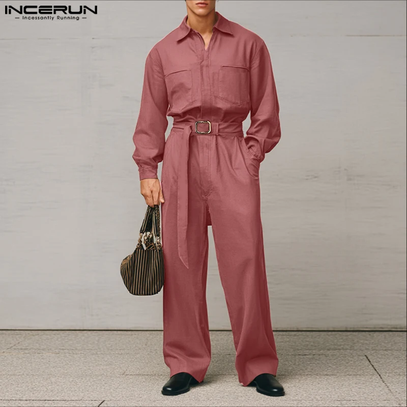 

INCERUN Men Jumpsuits Solid Color Lapel Long Sleeve Casual Rompers With Belt Streetwear Loose Fashion Male Overalls S-5XL 2025