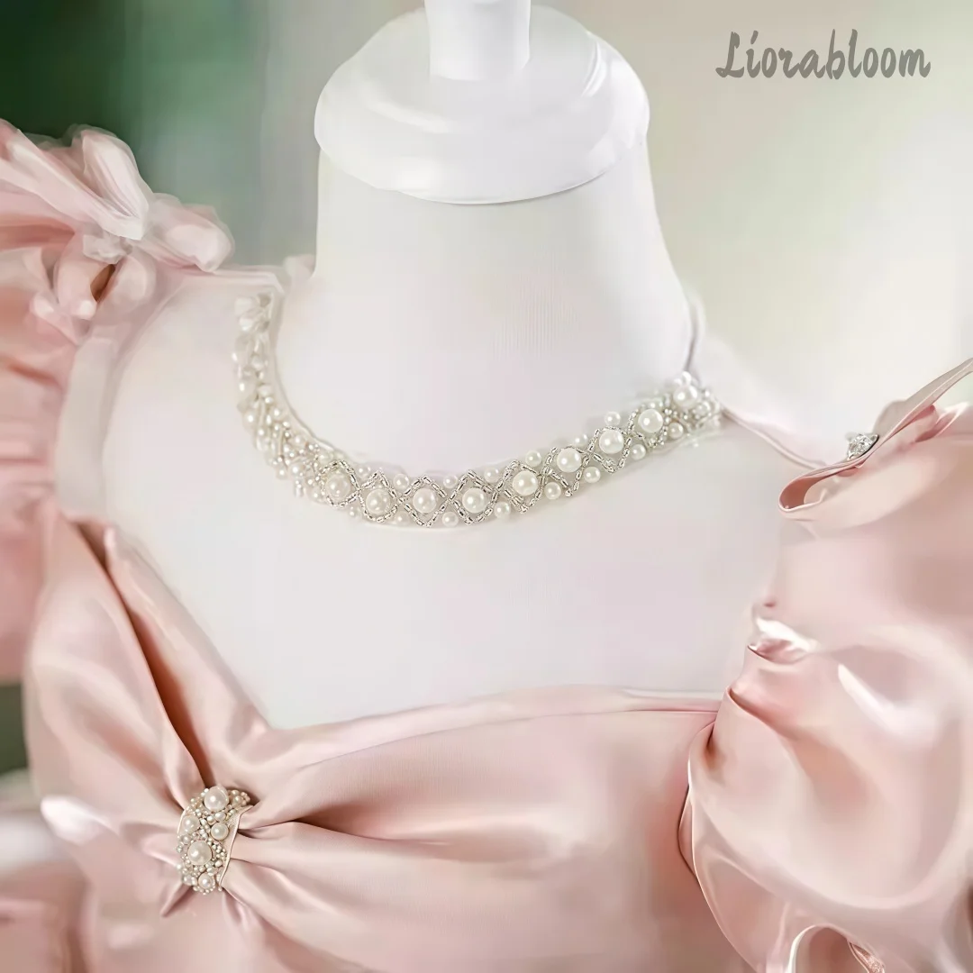 Abito da Cerimonia Rosa per Bambina, Vestito da Damigella a Trapezio, Abito da Festa, Abito da Principessa, Elegante Abito da Cerimonia per Bambina