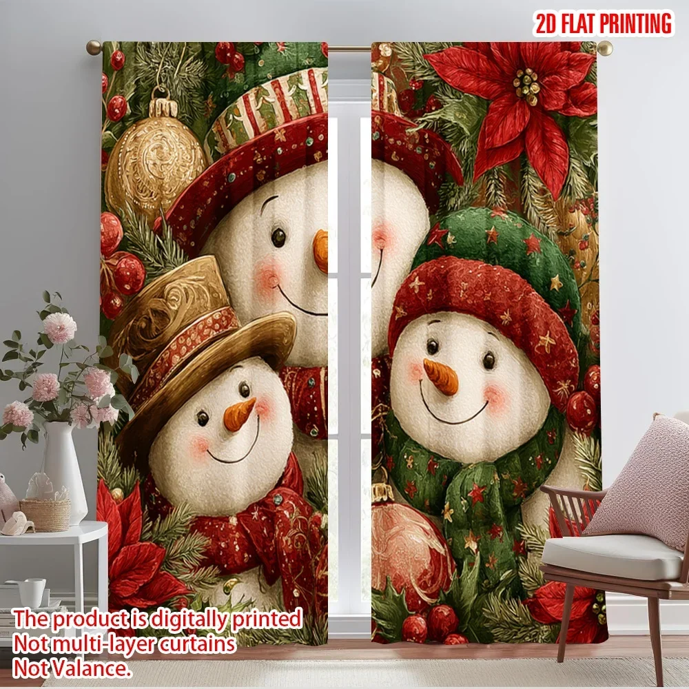 2pcs,2D plane printing Pattern Curtains Christmas snowman3 Polyester (without rod) Decorations For Home for Bedroom, Living Room