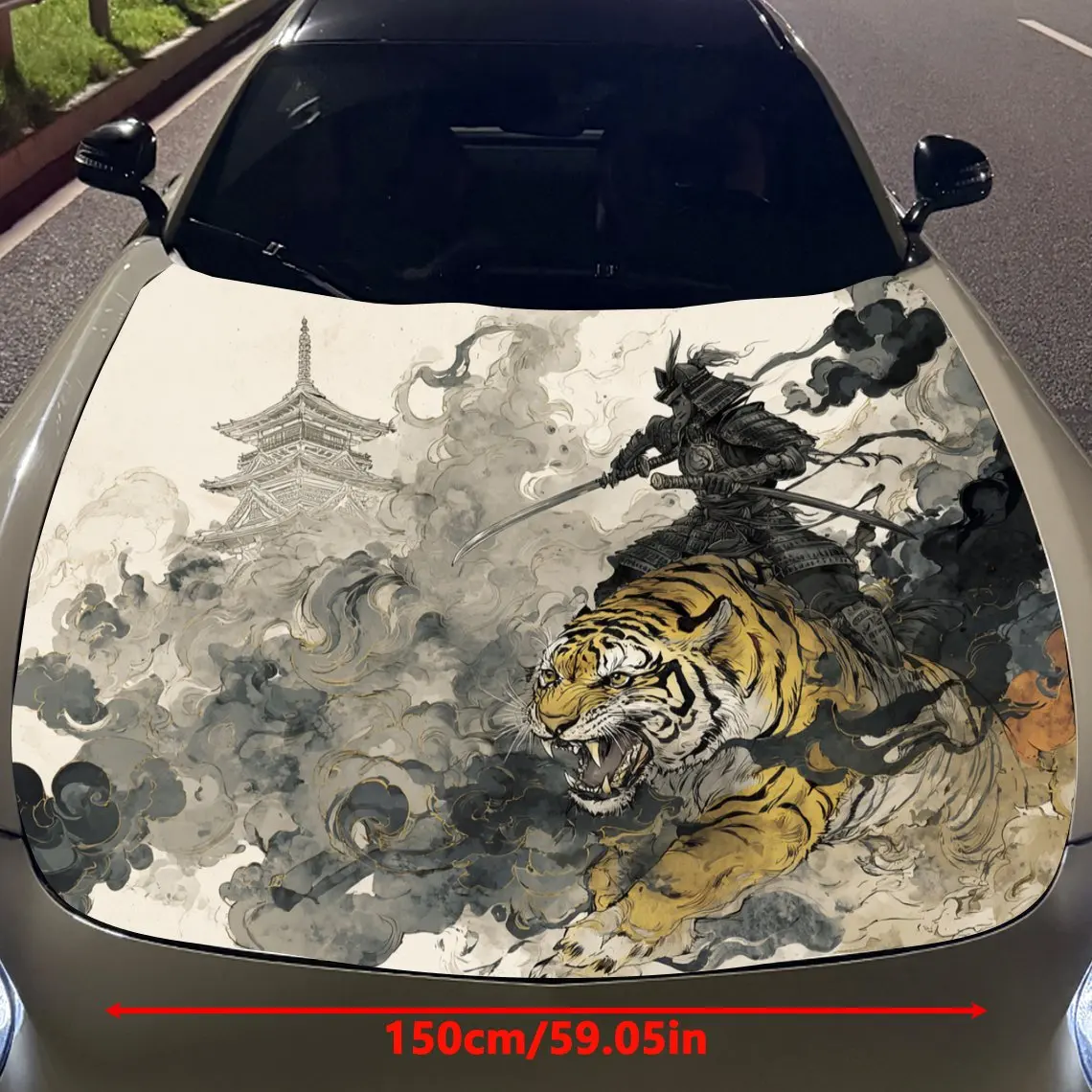 Samurai Riding Tiger Forward Car Vinyl Wrap, PVC Material Waterproof Car Hood Sticker, Self-Adhesive Scratch-Resistant Stickers