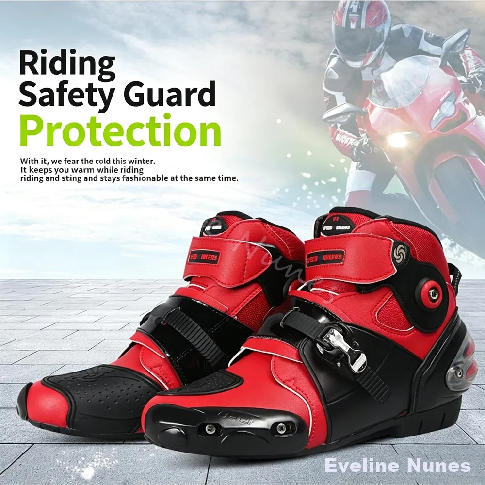 Unisex Red Black Motorcycle Boots Ankle Protective Motorbike Riding Boots Adjustable Buckle Strap Shockproof Anti-slip Footwear