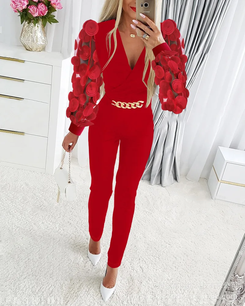 Jumpsuit Women streetwear Fashion Solid Slim Fit Long Sleeve V-neck Chain Style Commuting Jump suits 2023 Spring/autumn New
