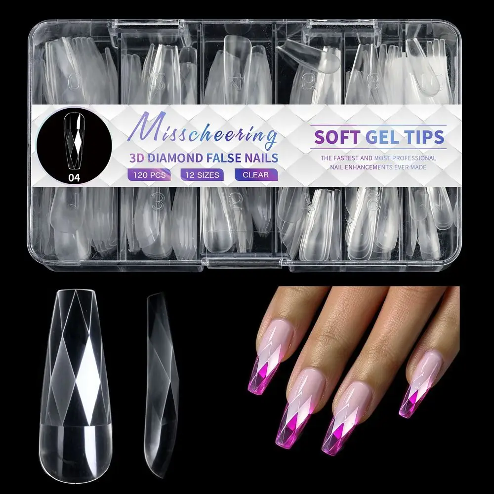 120/140pcs/Box 3D Diamond Press on False Nail Multi-Size Ultra-thin False Nails Tips Square Almond Ballet Coffin Gelly Nail Tips