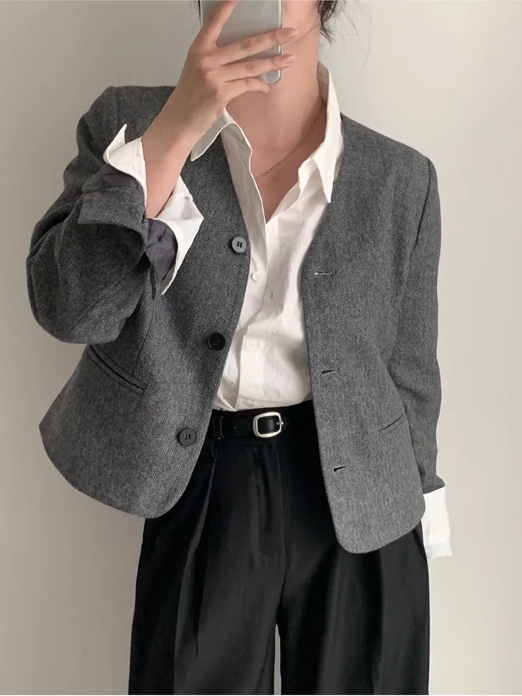 Herbst Winter kurze Blazer Frauen elegante schicke koreanische Frau Mantel Langarm Knopf Büro Damen Tops