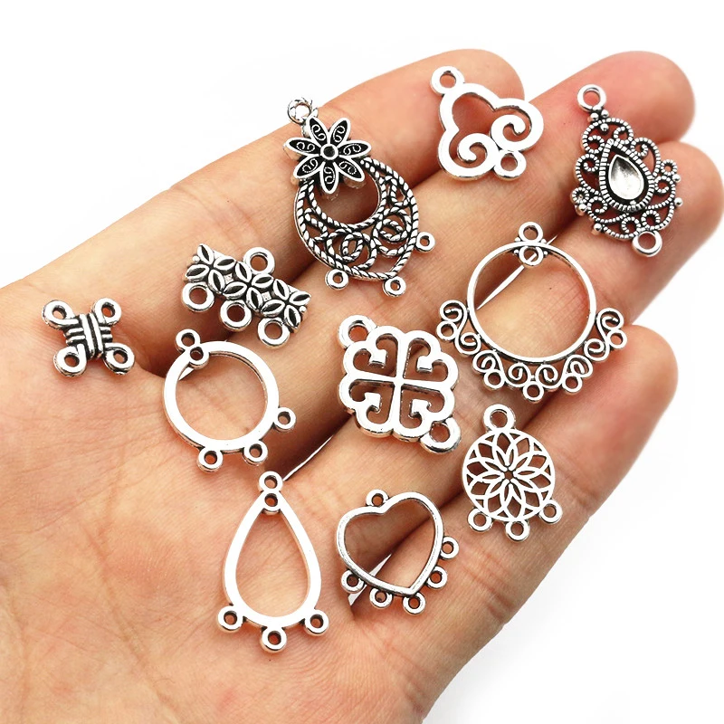 30pcs Antique Silver Plated Boho Vintage Flower Connector Charms Pendant DIY Necklace Bracelet Jewelry Making Findings Supplies