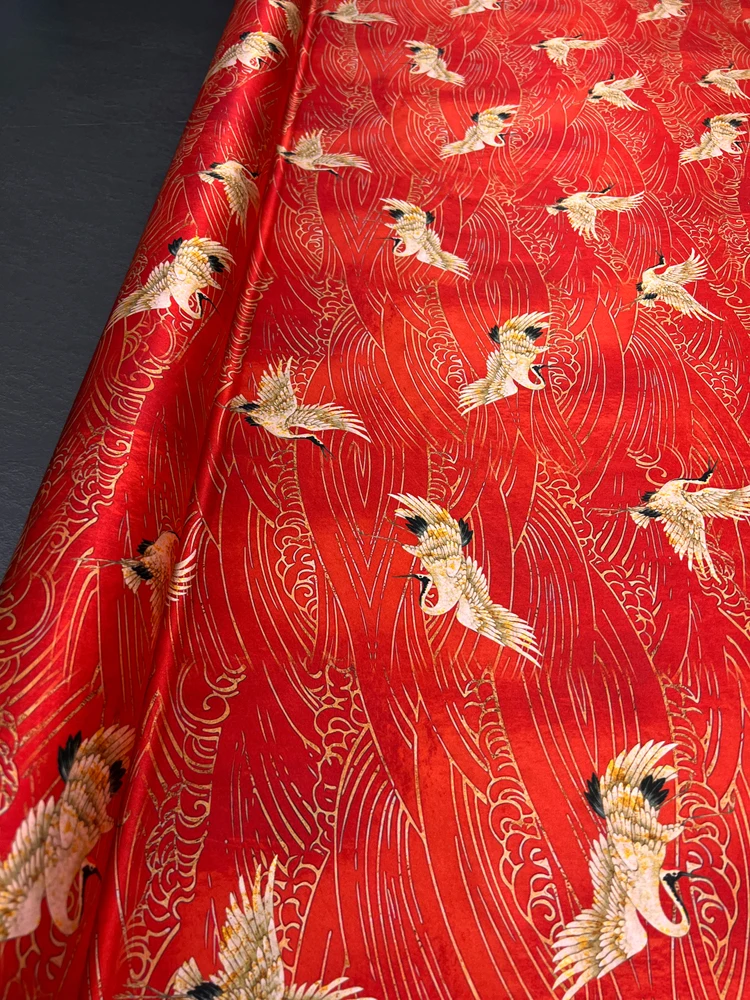 Red Cranes Brid Printing Stretch Satin Silk Dressing Fabric 93% MulberrySilk 7% Spandex 19 Momme