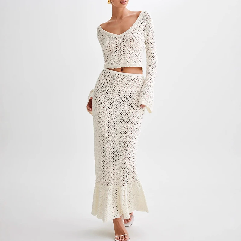 

Elegant V-neck Pullover & Long Skirt Set Women Fashion Hollow Out Knitted Skirt Outfits Casual Long Sleeve Solid Slim 2Pc Suits