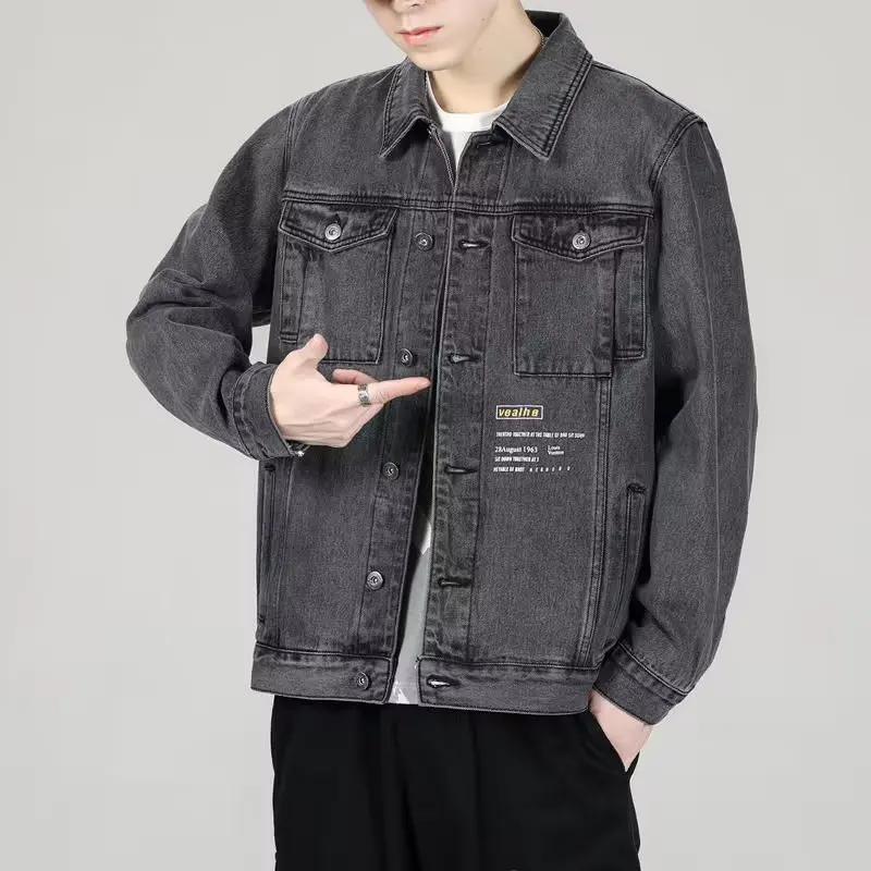 Gray Autumn Men's Denim Jacket Button Blue Cargo Male Jean Coats Vintage Winter Oversize Loose Korean Style Retro Washed Denim J
