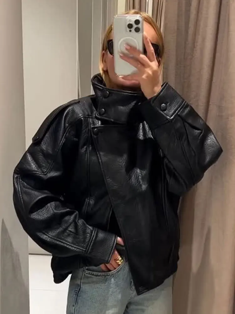 HH Street Fashion Giacca in pelle asimmetrica per donna maniche lunghe cerniera con tasche dolcevita cappotti larghi retrò autunnali