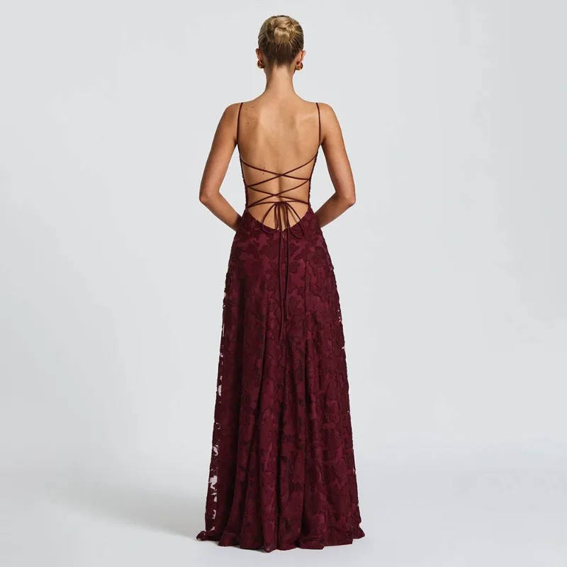French Backless Tie Square Neck Jacquard Chiffon Elegant Dress Sexy Cami Double Layer Maxi Dresses Evening Wedding Graduation