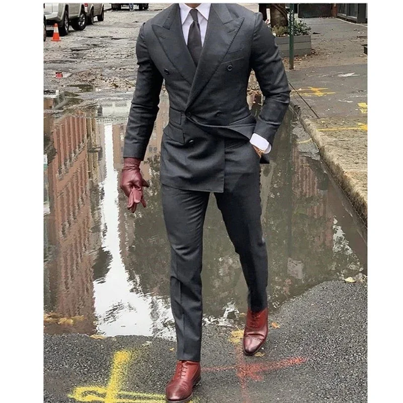 

Fashion Grey Men Suit Double Breasted Smart Casual Slim Fit Blazer Hombre Business High Quality Custom 2 Piece Set Costume Homme