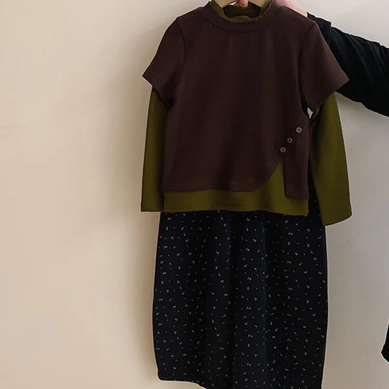 Girls' Spring and Autumn Winter New Style Diagonal Buckle Round Neck Fake Two Piece Contrasting Sleeves Velvet Wide Leg Pants