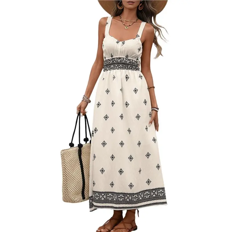 

CYL-Summer Dress For Women Floral Sundress Spaghetti Strap Flowy Beach Vacation Boho Maxi Dresses