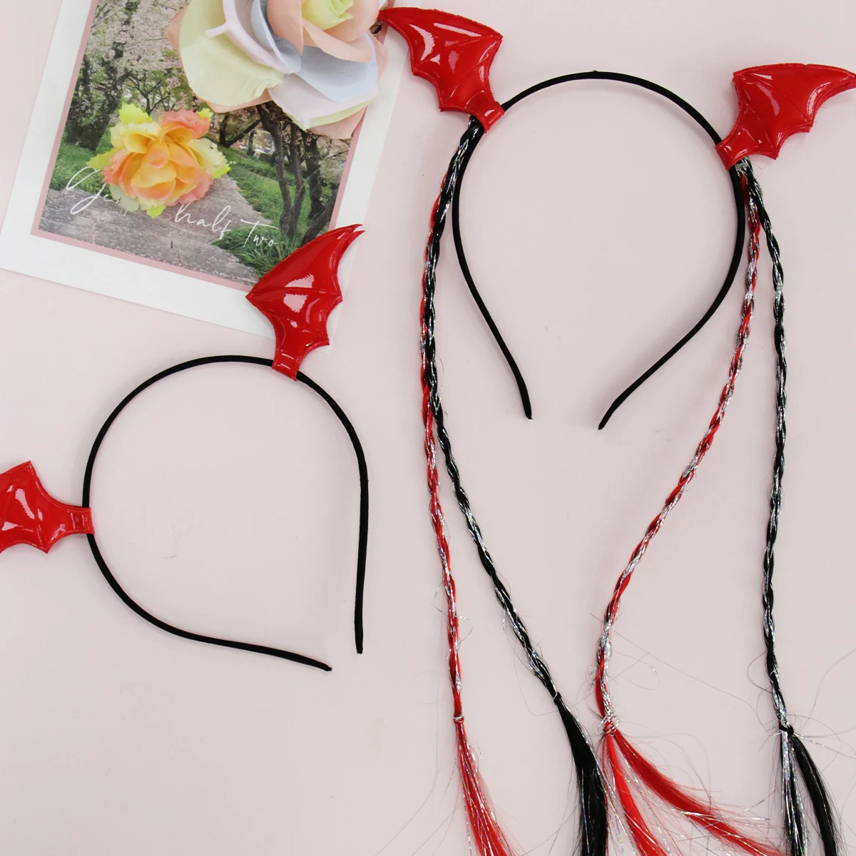 

Little Devil Red Bat Wing Headband and Bat Headband with Braided Wig, suitable for stages, parties and festivals