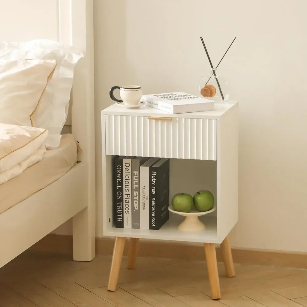 White Nightstand, Modern Bedside Table with Drawer and Opening Storage, Fluted End Side Table Living Room with Solid Wood Legs