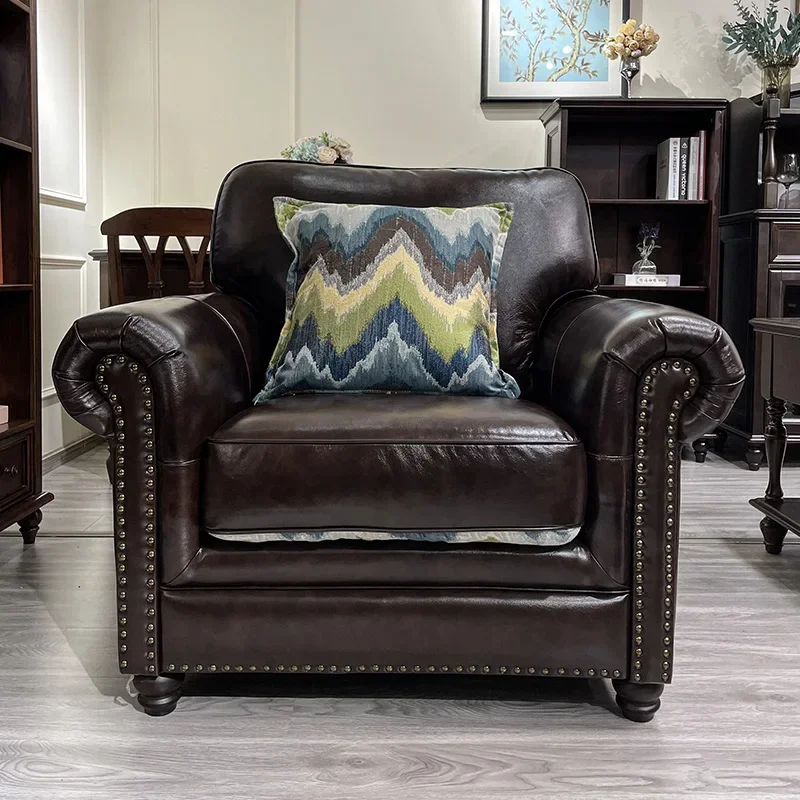 Retro Leather Sofa Combination Living Room American First Layer Cowhide Art Three Four People Can