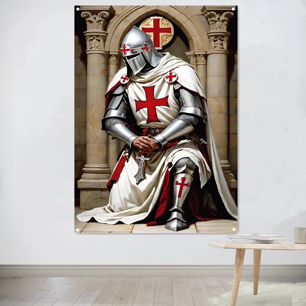 Medieval Christian Armor Warrior Art Posters Wall Tapestry Knight Templar Banner Wall Hanging Flag Home Decor Canvas Painting 8