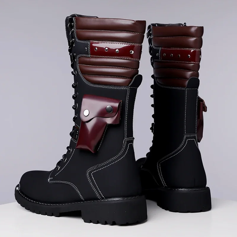 Fashion Punk Motorcycle Boots Men Boots Winter High Heel Casual Lace-up Leather High Black Biker Solid Boot Military Men Shoes