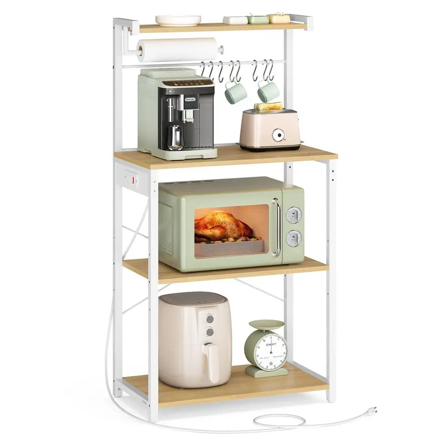 

Kitchen Bakers Rack with Power Outlet, Coffee Bar 4Tier with 8 S Hooks, Microwave Stand, Adjustable Shelf, for Small Spaces, Go