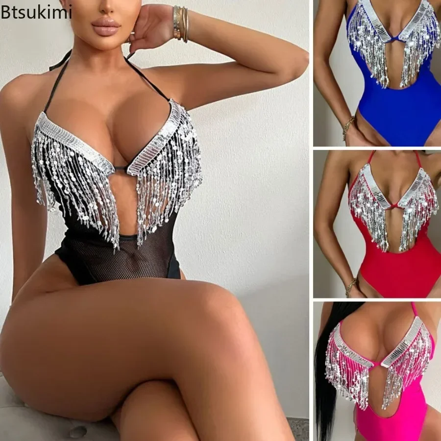 2026 Women's Sexy One Piece Swimsuits Bodysuit Sequin Tassel Design Backless Swimming Bikinis Set for Gilrs Summer Bathing Suit