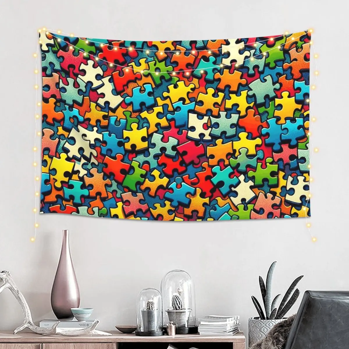 Autism Awareness Colorful Puzzle Piece Print Tapestry Funny Wall Hanging Aesthetic Home Decoration Tapestries for  Dorm Room