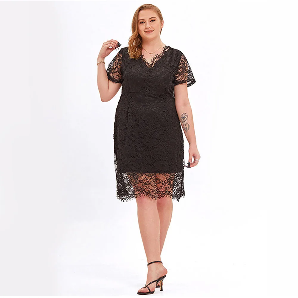 Black Plus Size Dresses For Women 2023 Lace Mesh Short Sleeve Casual Elegant Dress Large Size Sexy Wrap Evening Party Dresses