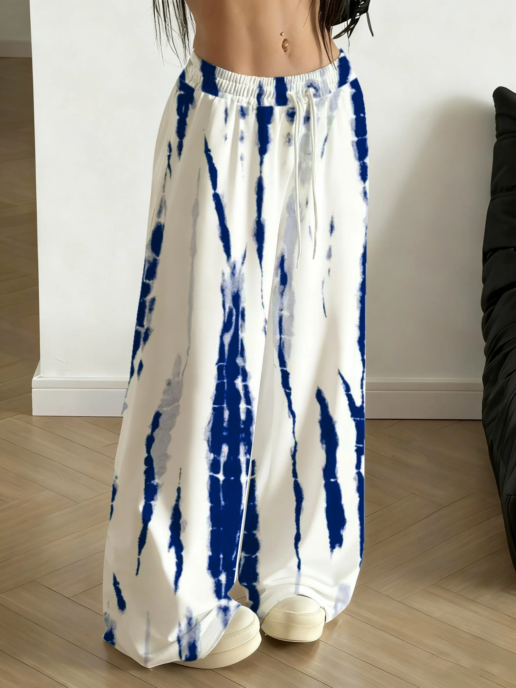 Streetwear Unisex Quick Dry Long Trousers Blue White Striped Tie Dye Elastic Waist Drawstring Loose Wide Leg Summer Casual Pants