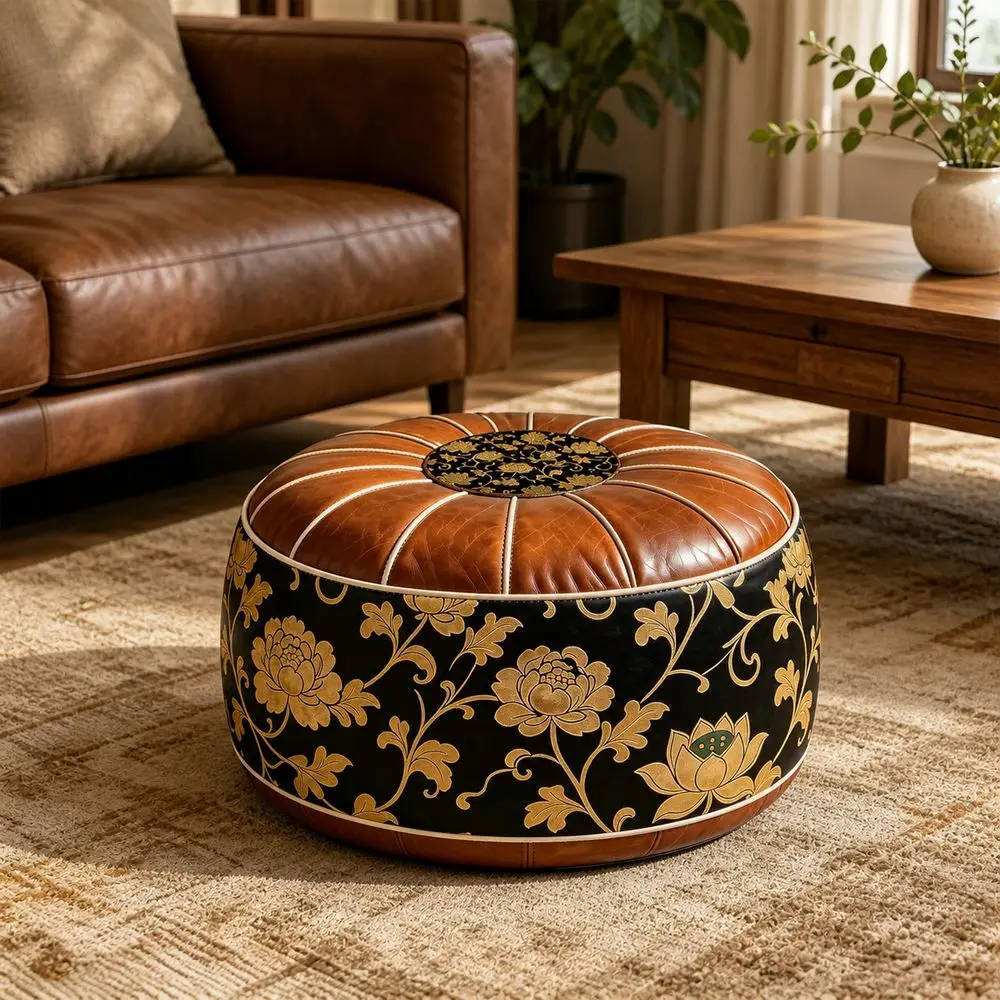 Boho Pattern Ottoman Pouf Fillable Design PU Leather Footstool Cover Large Opening Water Resistant Floor Seat Cushion