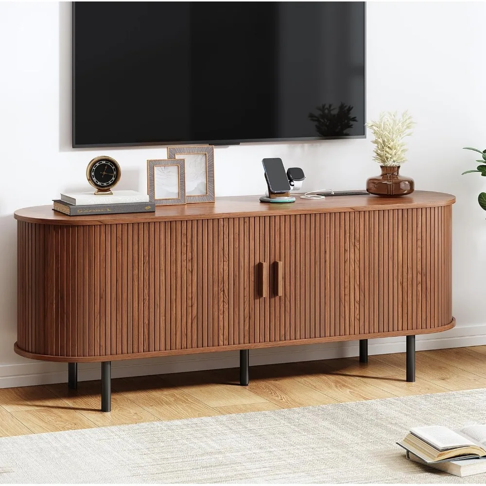 

TV Stand with Power Outlet, Mid-Century Modern Television Stand, Media Console with Sliding Doors, Entertainment Center for TVs