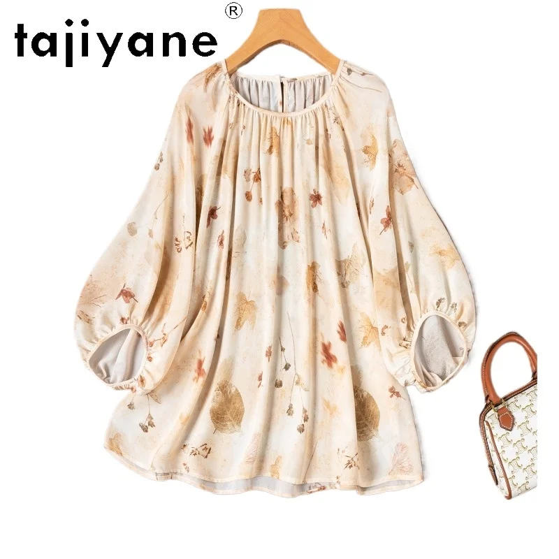 TAJIYANE 100% Mulberry Silk T Shirts Woman Elegant Maple Leaf Print Spring Tops French Style T-Shirt 2026 Women Clothes футболка