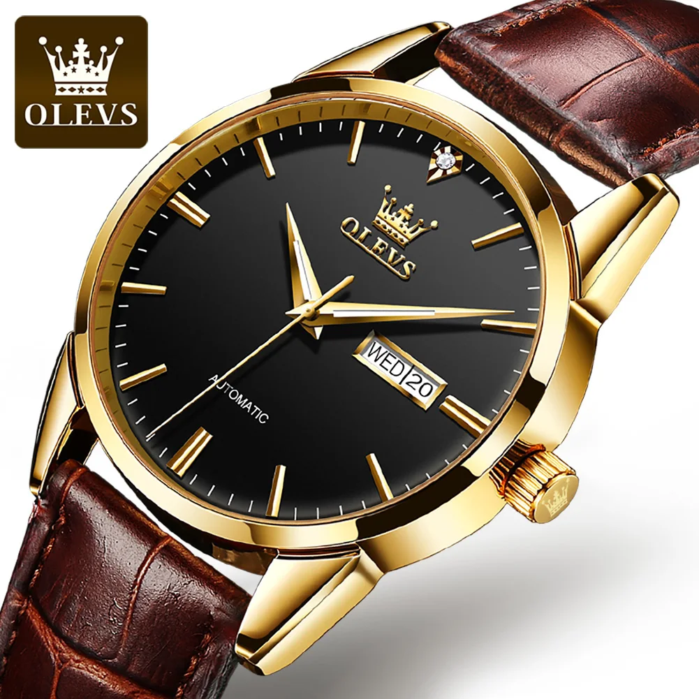 

OLEVS Business Mens Mechanical Watch for Men Fashion Leather Waterproof Week Calendar Mens Watches Top Brand Luxury Wristwatches