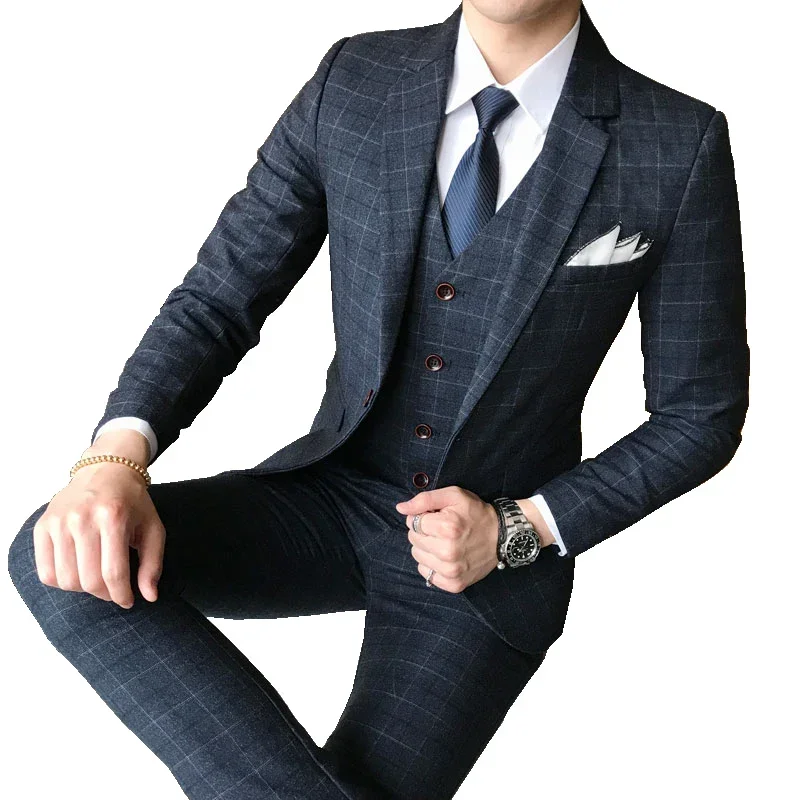 ( Jacket + Vest + Pants ) Mens Suit 3 Piece Fashion Boutique Plaid Wedding Business Casual Men Blazer Wedding Party Dress Suits