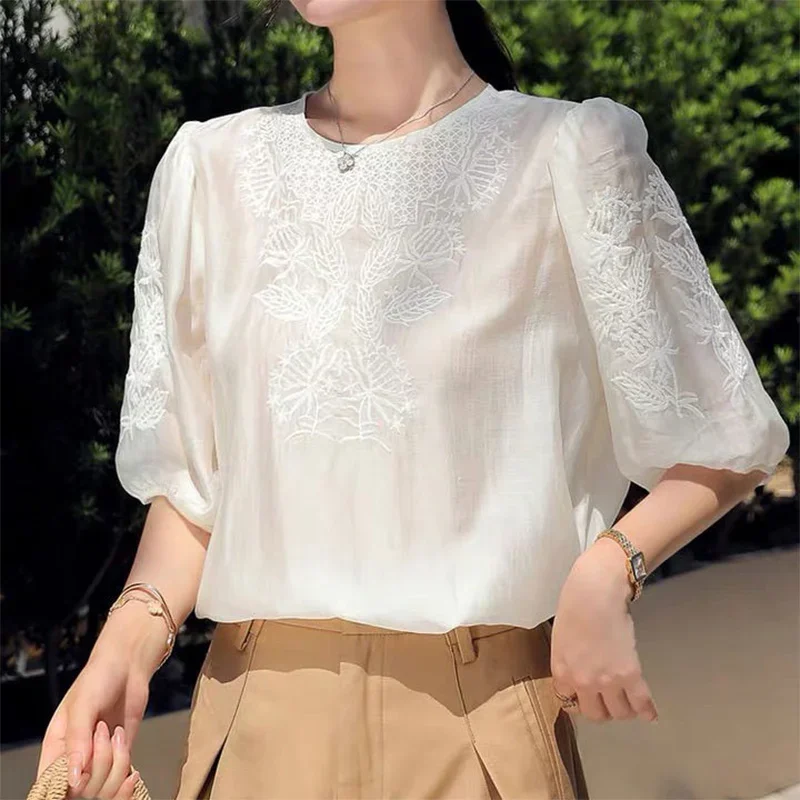 Spring Summer Elegant Fashion Embroidered Blouse Women Clothing Vintage Chic Pearl Button Tops Puff Sleeve Loose Casual Shirts